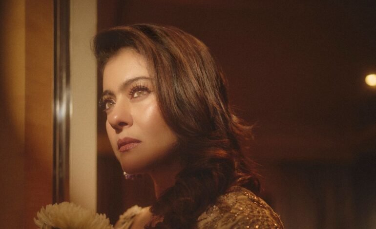 Kajol’s Varun Bahl sari is inundated with hand-embroidered, three-dimensional floral appliqués